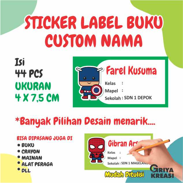 

44 Pcs Stiker Label Buku Pelajaran Sekolah Buku Tulis Sticker Label Nama Siswa Super Hero