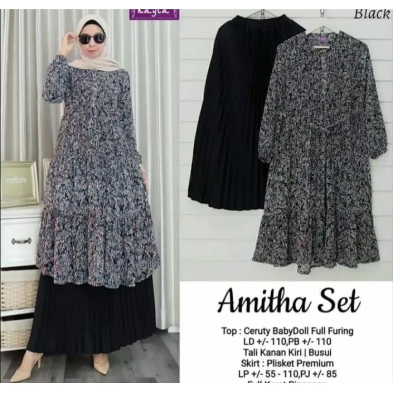 Set Rok Tunik Bunga Ceruty Amitha Set Terbaru Busui Friendly