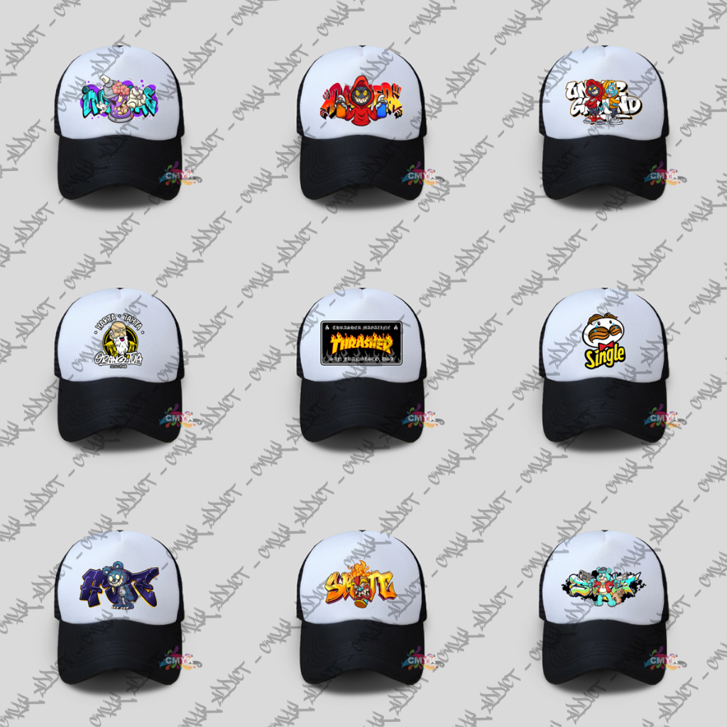 Topi Jaring Trucker Sablon DTF Graffiti Band CH Pria Wanita