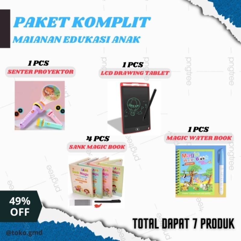 Paket Komplit Mainan Edukasi Anak Sank Magic Book 4Psc Lcd Drawing Tablet Magic Water Book Senter Pr