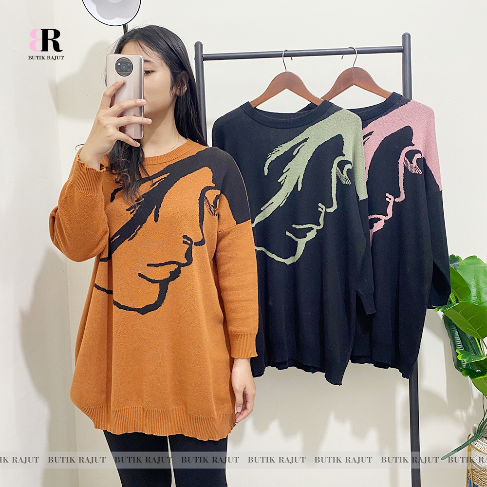 [BISA COD] SWEATER RAJUT WANITA JUMBO LENGAN PANJANG PREMIUM/FACE LOVE