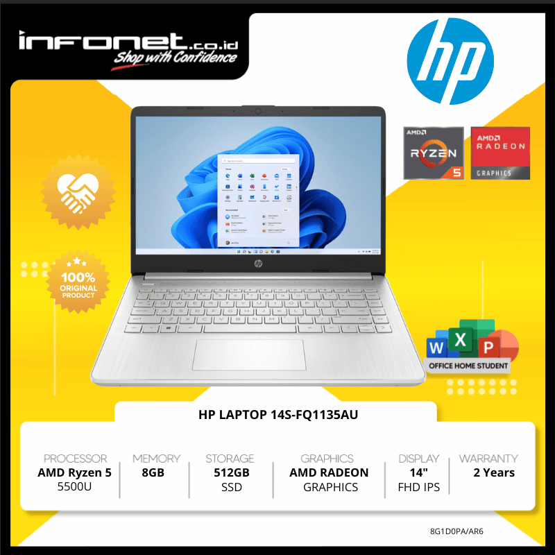 HP LAPTOP 14S-FQ1135AU RYZEN 5-5500U 8GB 512GB 14 FHD W11 OHS21