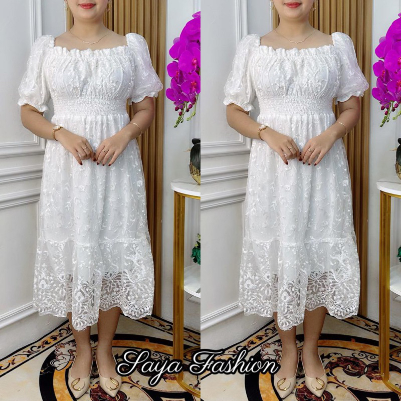 Dress Tile Polos Putih Bordir Karet Smock Gaun Pesta Mewah 787