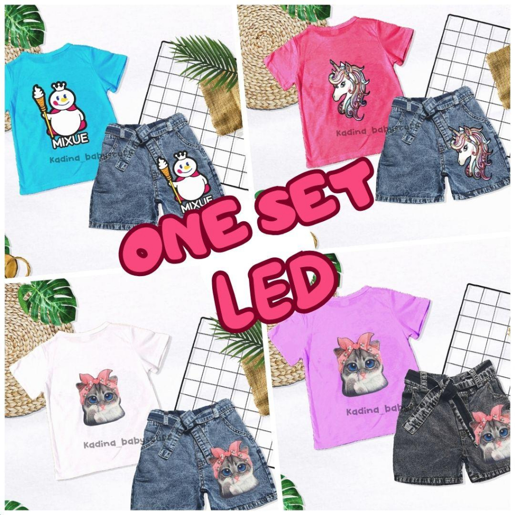 Terbaru SETELAN HOTPANTS JEANS ANAK PEREMPUAN/ KAOS UNICORN MINNIE MOUSE KUCING LED