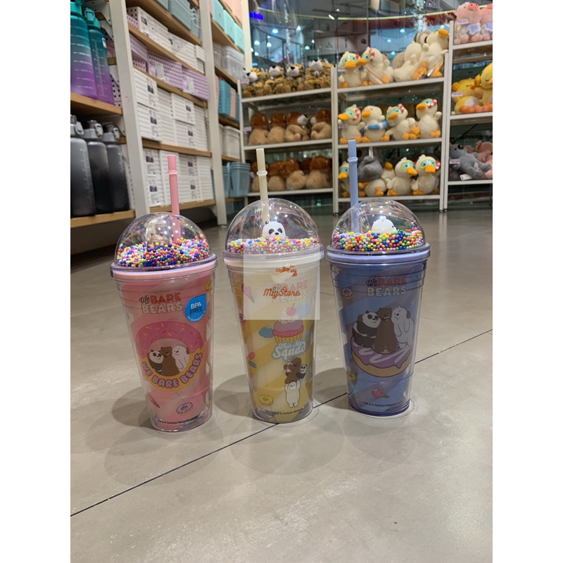 MINISO Botol Minum We Bare Bears Straw Tumbler Tumbler Jerami Plastik Botol Minum Sedotan