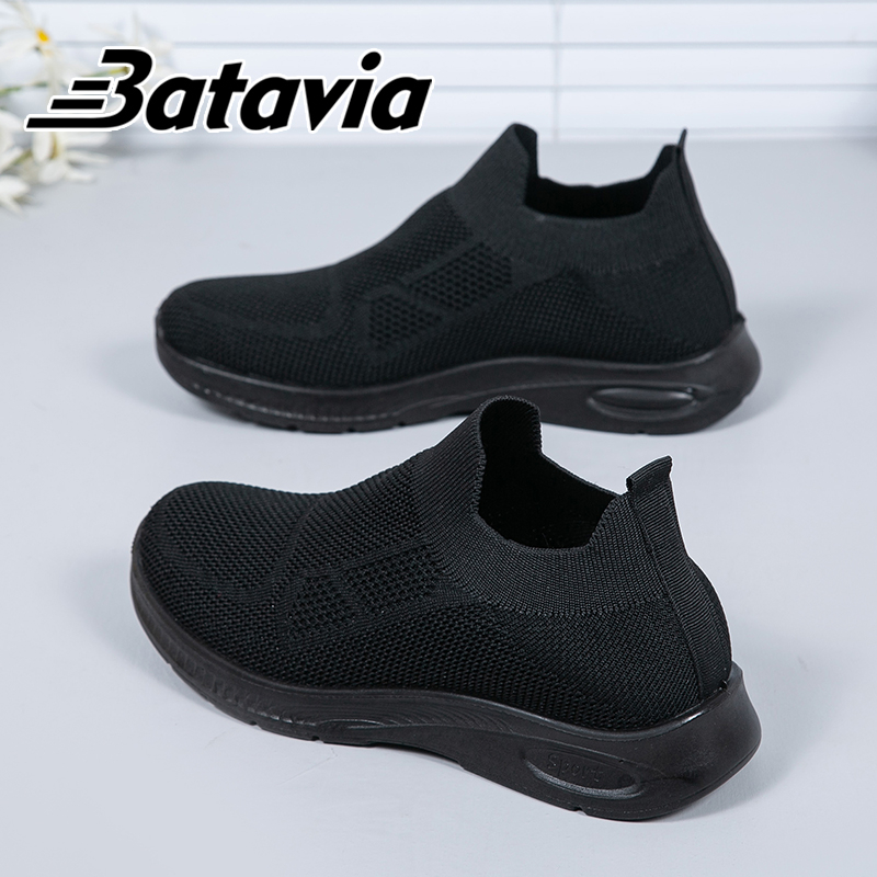 KUALITAS SUPER Batavia Sepatu kets wanita sepatu rajut hitam canggih bernapas sepatu kets hitam