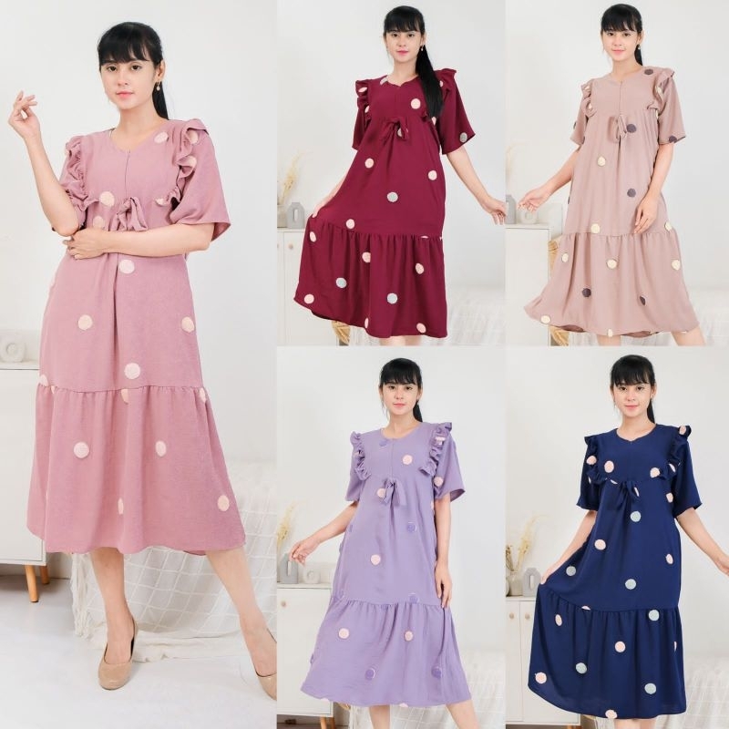 Daster Pompom Crinkle Airflow Dress Crinkle Resleting Depan Busui Termurah