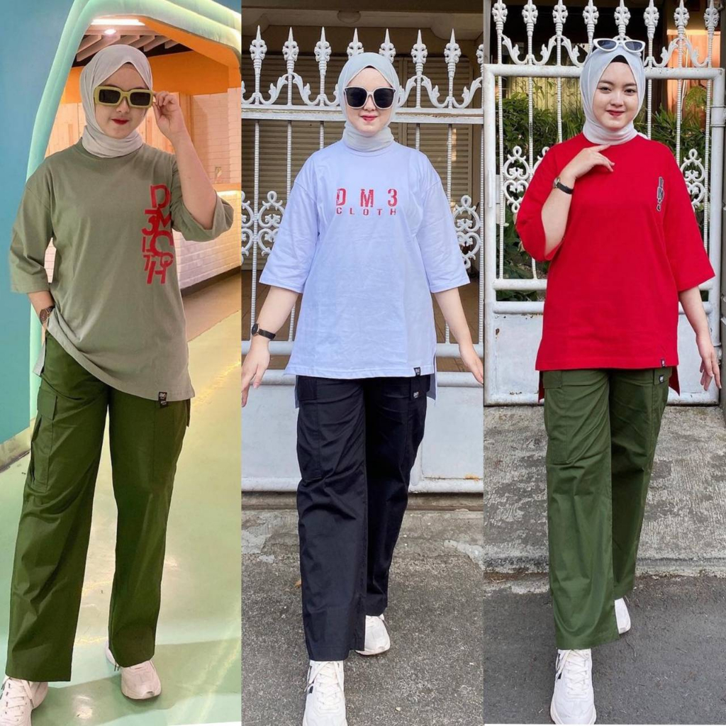 One Set Celana Cargo Panjang Wanita Setelan Terbaru Viral Kaos Combed 20s Premium OVERSIZE By DM3 CL