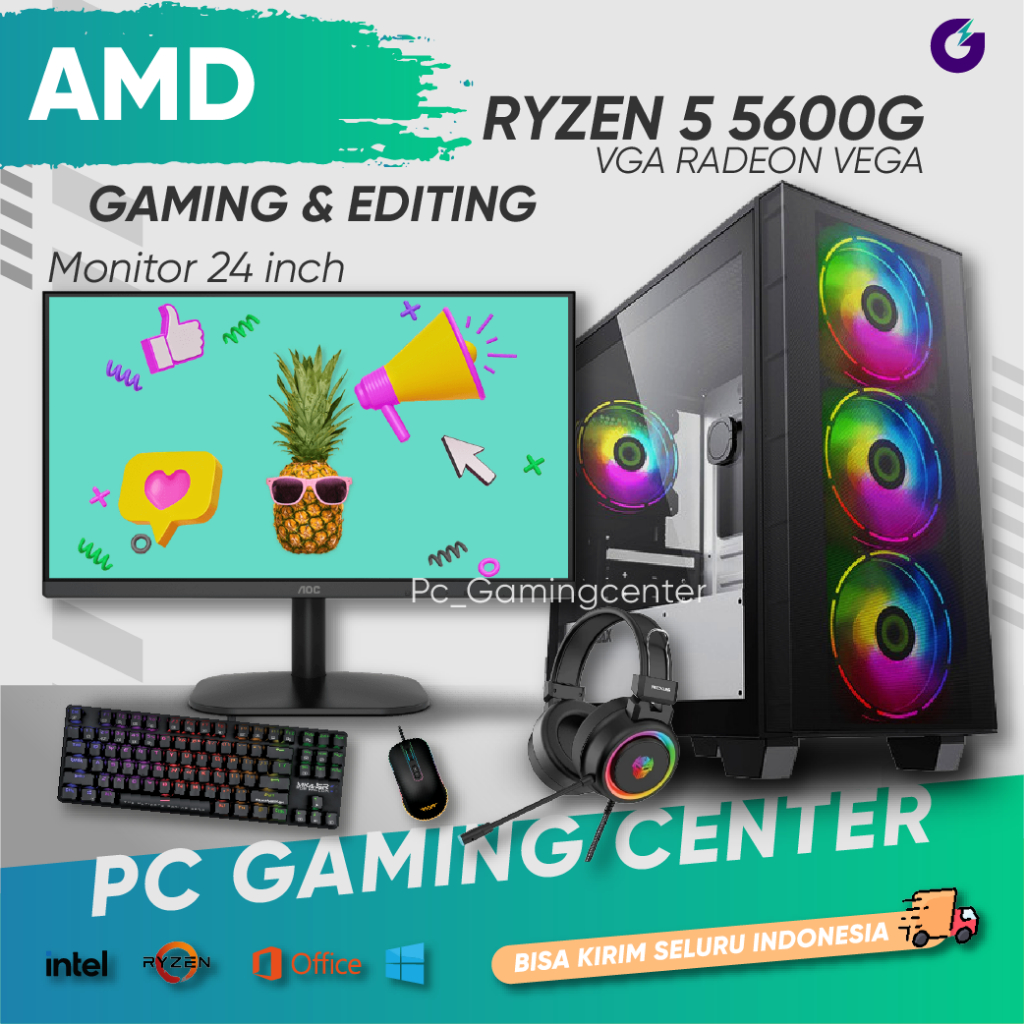 PC Gaming Ryzen 5 4600G Ram 16GB SSD 240GB Komputer Rakitan Monitor 24 Inch Fullset Hemat Siap Pakai
