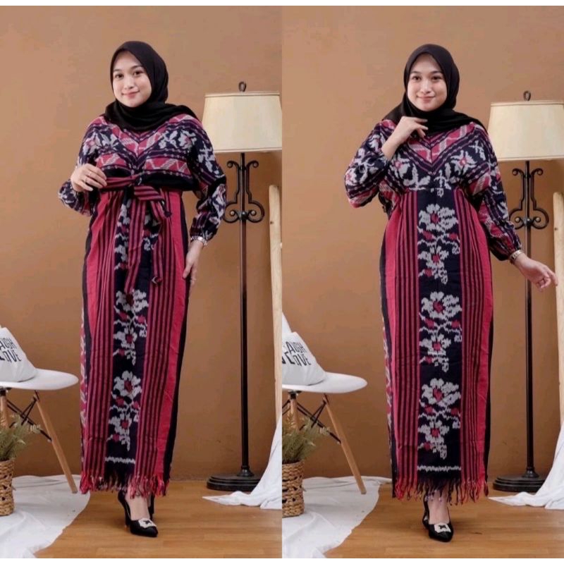 Long Dress, Dres Tenun Ikat Asli, Baju Dres  Tenun, Baju Etnik Wanita, Dres Batik
