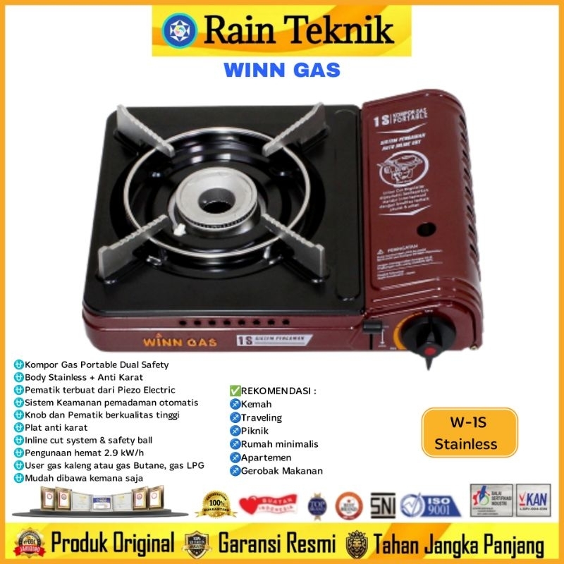 Kompor Gas Portable Winn Gas W1S Dual Gas Inline Safety Stainless + Pengaman /  Kompor Gas Winn Gas 