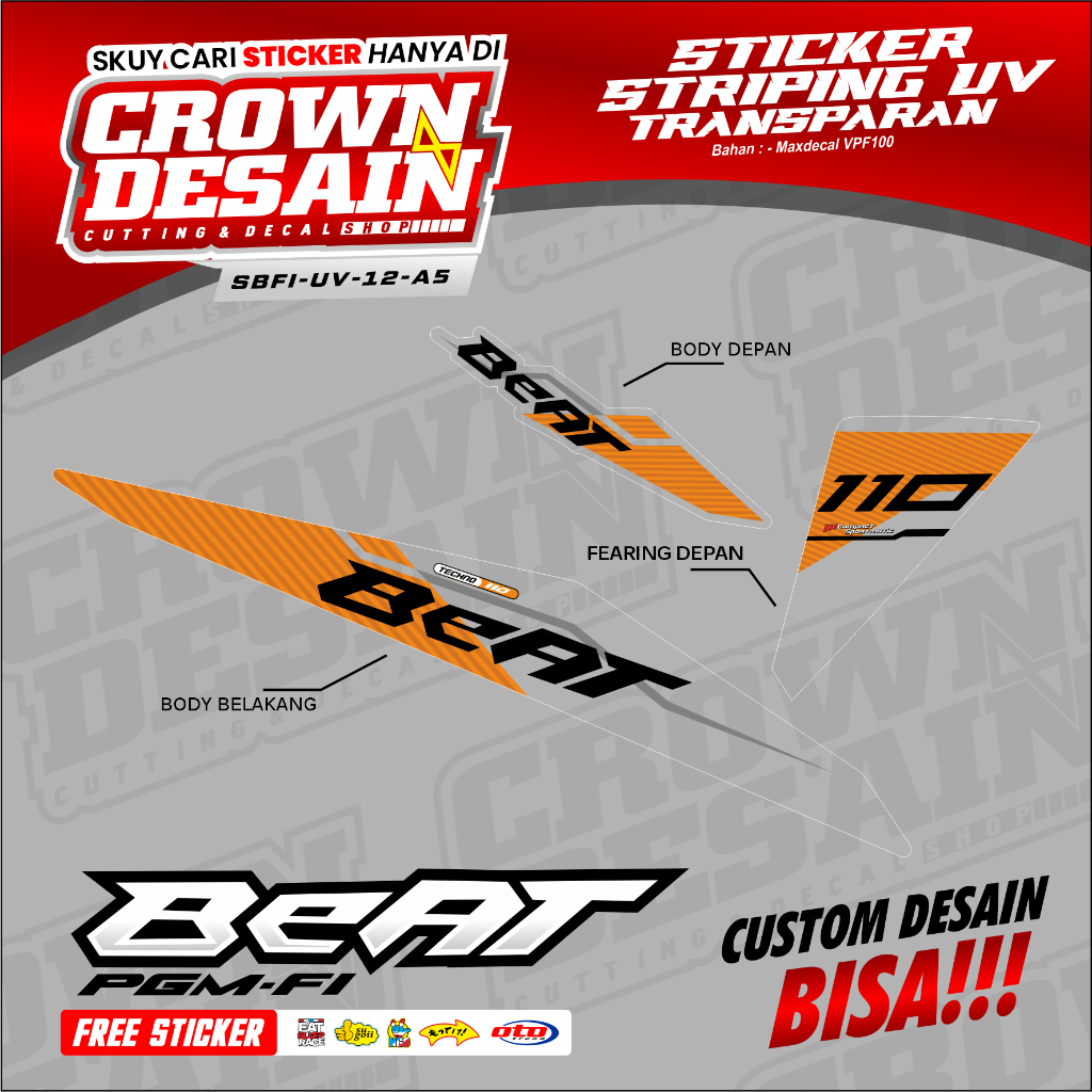 Striping UV Beat FI Custom Malay Lis Oren - Stiker Striping Transparan Beat FI Desain Simple - SBFI-