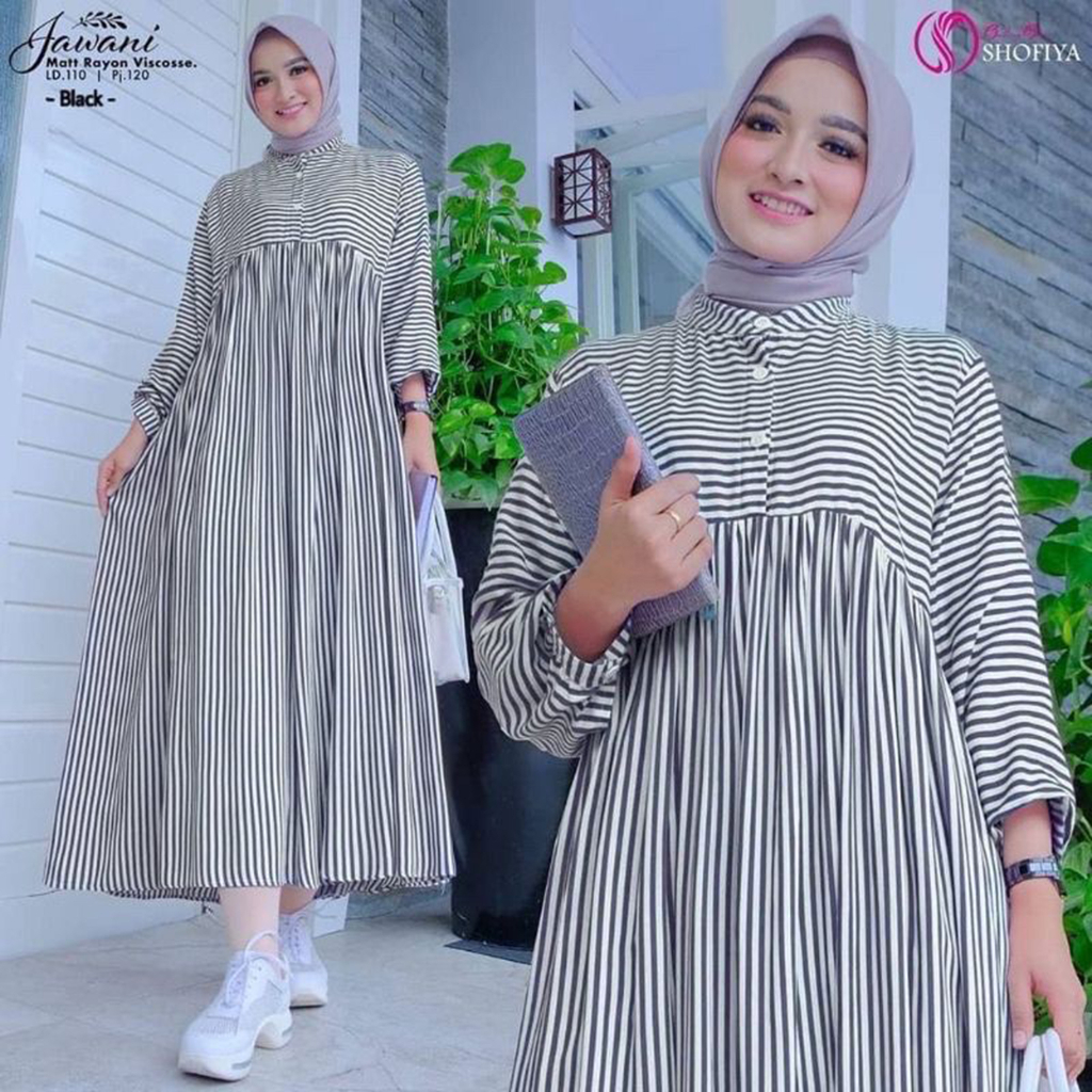 DRESS MIDI SALUR POLYRAYON / MOTIF GARIS JUMBO