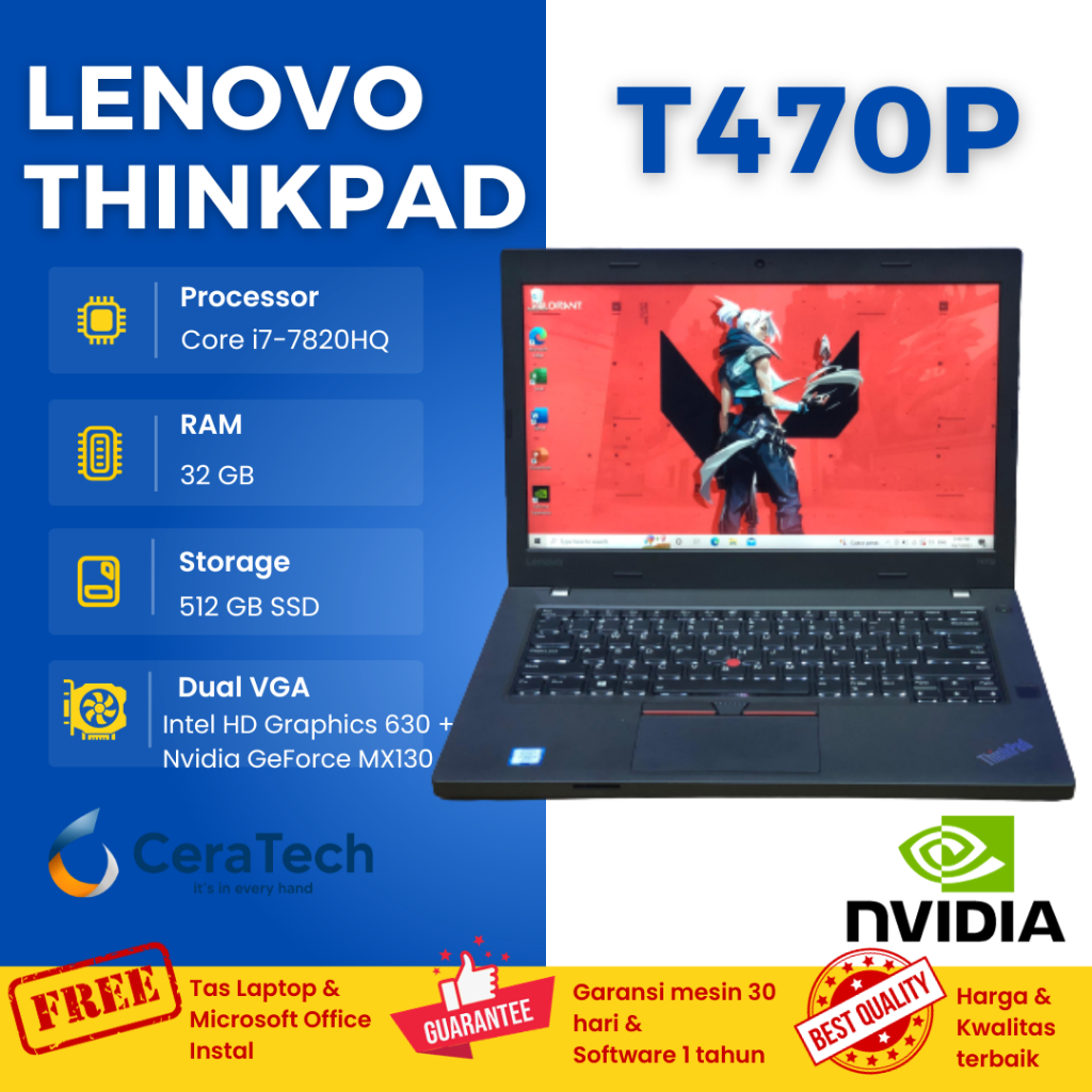 LAPTOP LENOVO THINKPAD T470p Core i7 RAM 32 GB SSD 512 GB DUAL VGA NVIDIA GEFORCE