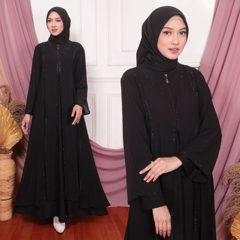 Gamis Abaya Hitam Polos Resleting Depan Ceruty Keliling - Abaya Hitam Elegan