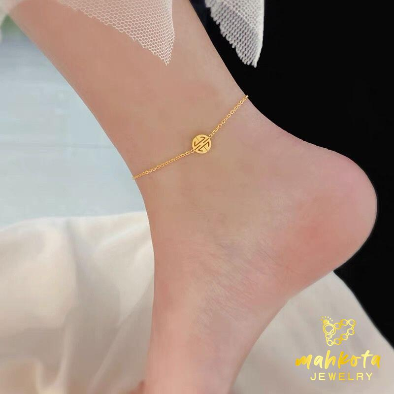 GK85 Gelang Kaki Titanium Premium Wanita Rantai Italy Simbol Keberuntungan Simple Elegant Lapis Emas
