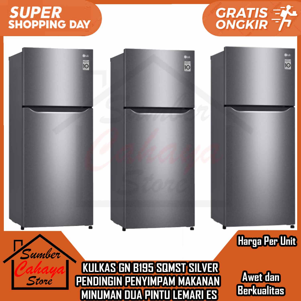 [Instan] Kulkas LG 2 Pintu GN B195 SQMST Smart Inverter 202 liter 70 watt Door Cooling Silver Tanpa 