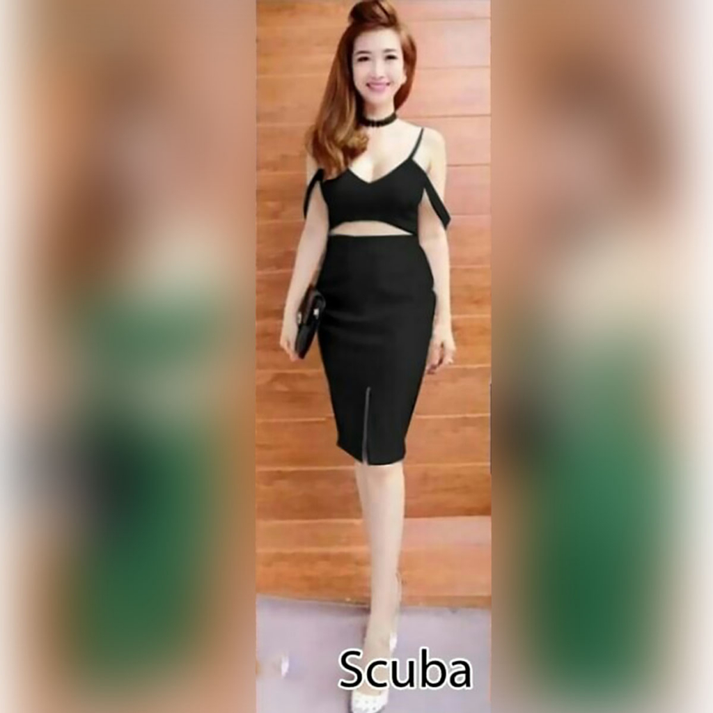 Dress Sexy Wanita 1960 Iris Untuk Acara Akhir Tahun Newyear Imlek - Midi Dress Hitam dan Hijau Bahan