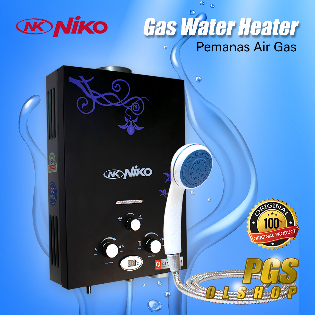 Paket Komplit Water Heater Gas Pemanas Air Kamar Mandi Tanpa Listrik Niko Hitam
