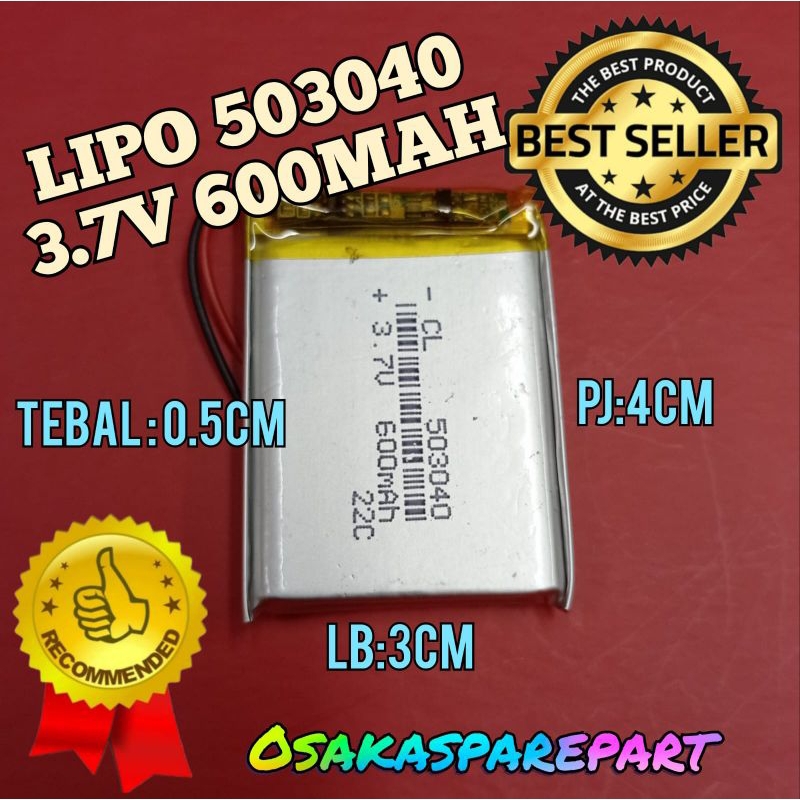 Baterai Lithium-ion Polymer 3,7V 600mAh 503040