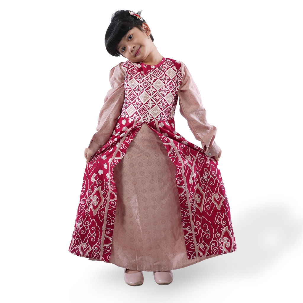 BATIK TRUSMI Dress Gamis Batik Anak Motif Bunga Kombinasi Kirbung Merah
