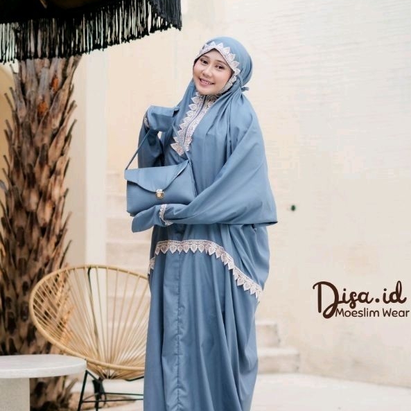 DISA.ID - Mukena Terusan Traveling Lajuran Polos Aisyah Pouch Cantik 2in1 Katun Premium Signature Jumbo