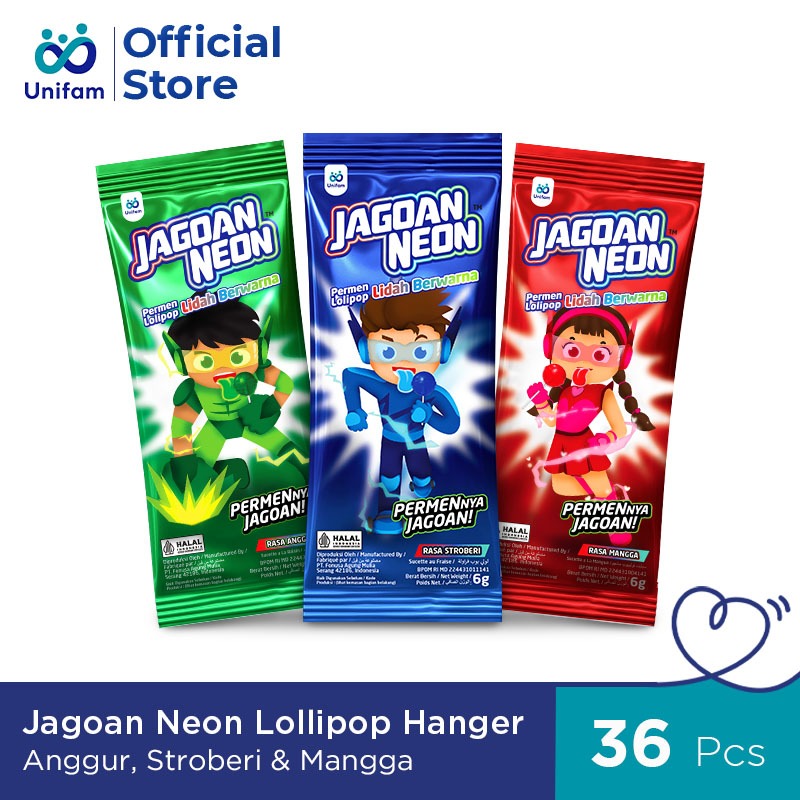 

Jagoan Neon Lollipop Hanger (1 Bag Isi 36pcs) - Permen Lolipop Rasa Stroberi, Anggur & Mangga