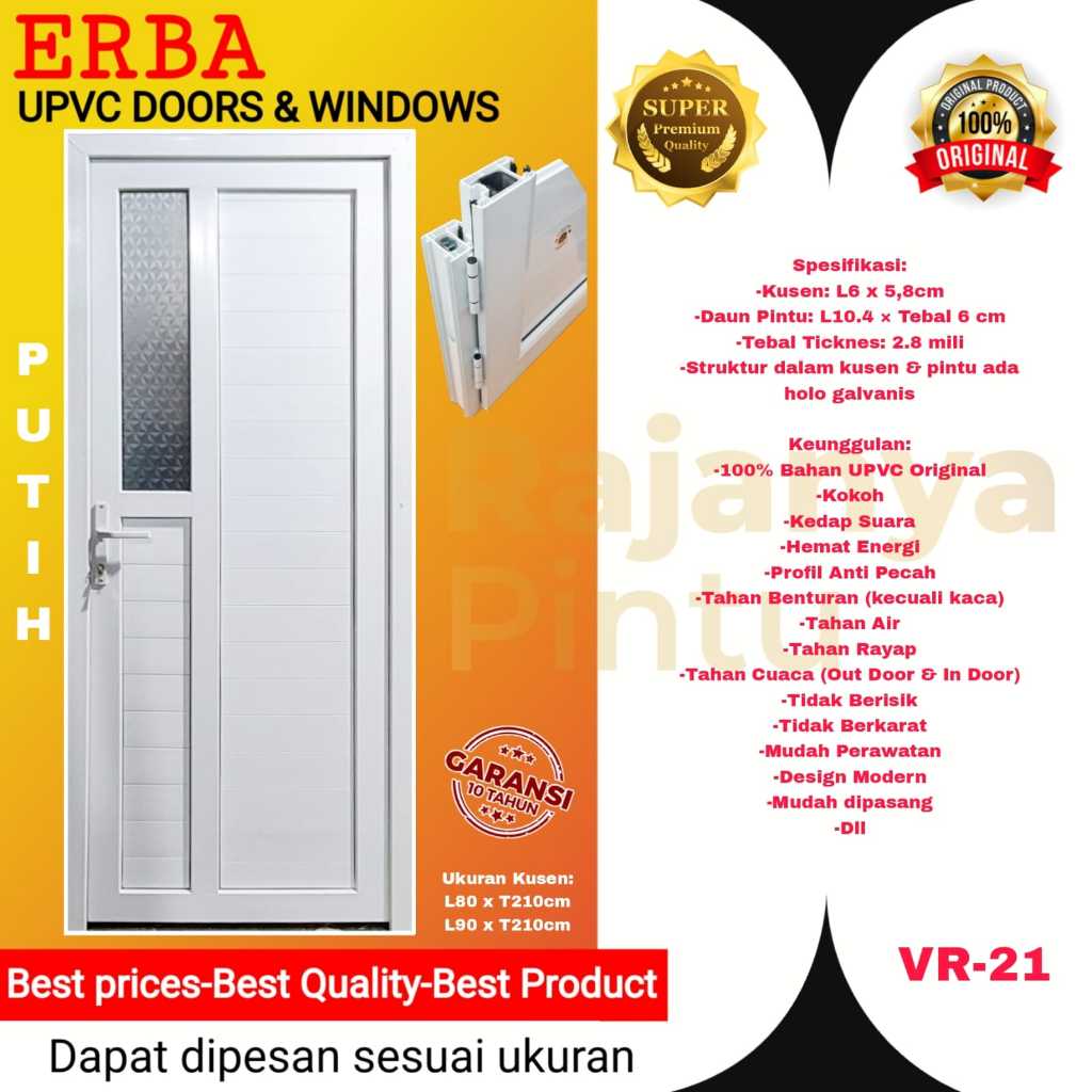 Pintu Utama/Pintu Kamar/Pintu Kantor UPVC-ERBA  Super Premium-VR 21-Putih