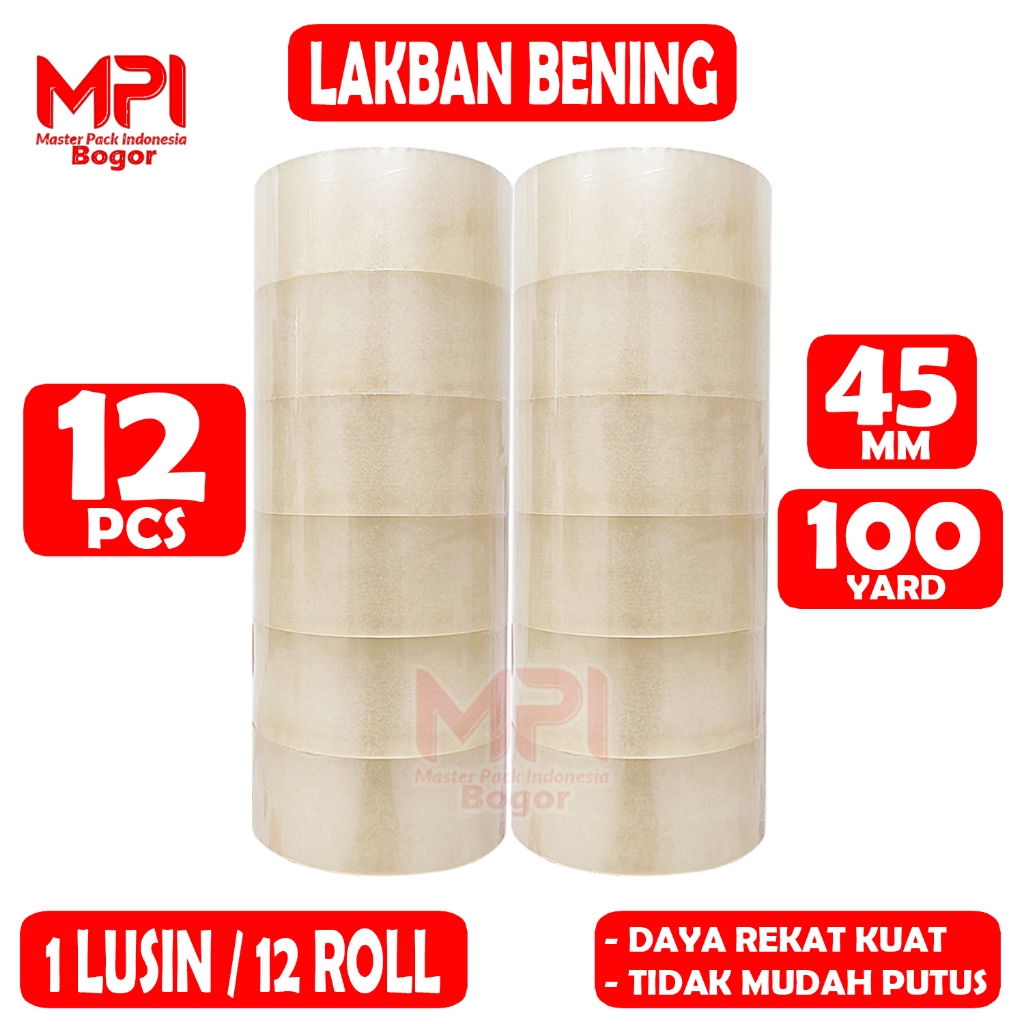 

1 LUSIN ( 12 PCS ) - Lakban Bening MPI 45 mm x 100 yard / Lakban Packing - Master Pack Indonesia