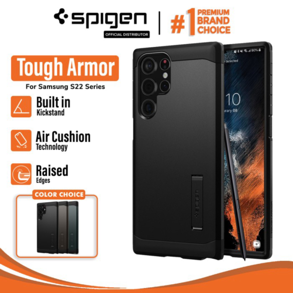 Unik Case Samsung Galaxy S22 Ultra Plus Spigen Tough Armor Stand Casing - S22 Ultra Black Limited