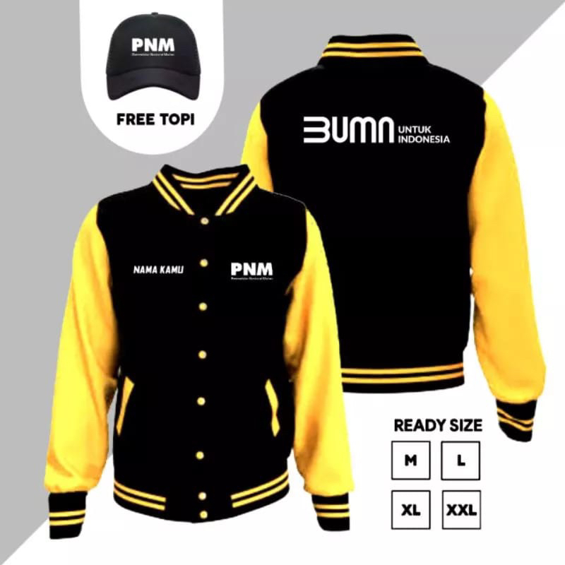 JAKET BASEBALL VARSITY PNM/ BUMN UNTUK INDONESIA TERBARU FREE TOPI & FREE NAMA KEREN DAN SIMPLE