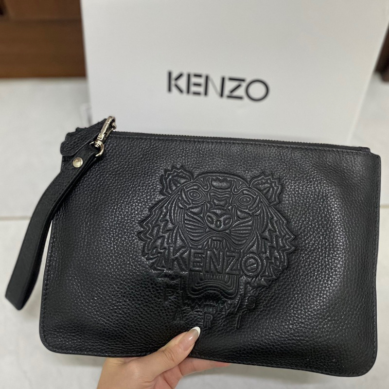 [Preloved] KENZO Tiger Clutch Pouch Full Leather Embossed Black