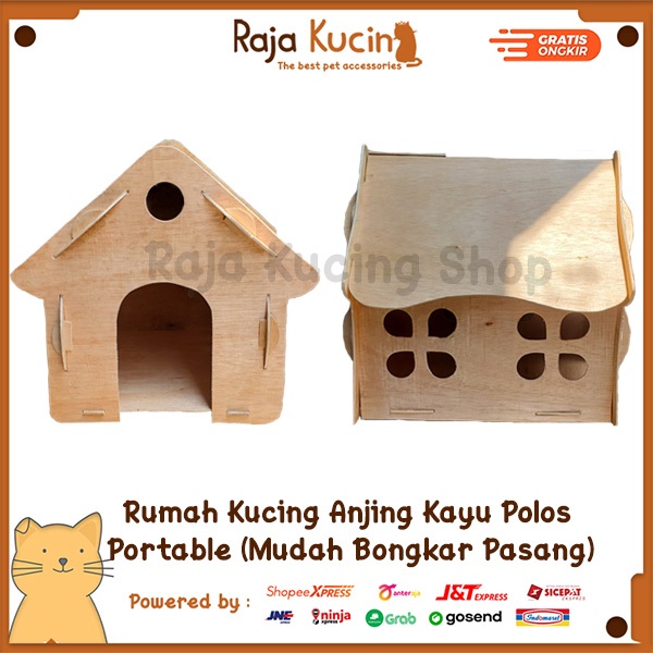 Rumah Kucing Anjing Kayu Polos  Tebal Portable (Mudah Bongkar Pasang)