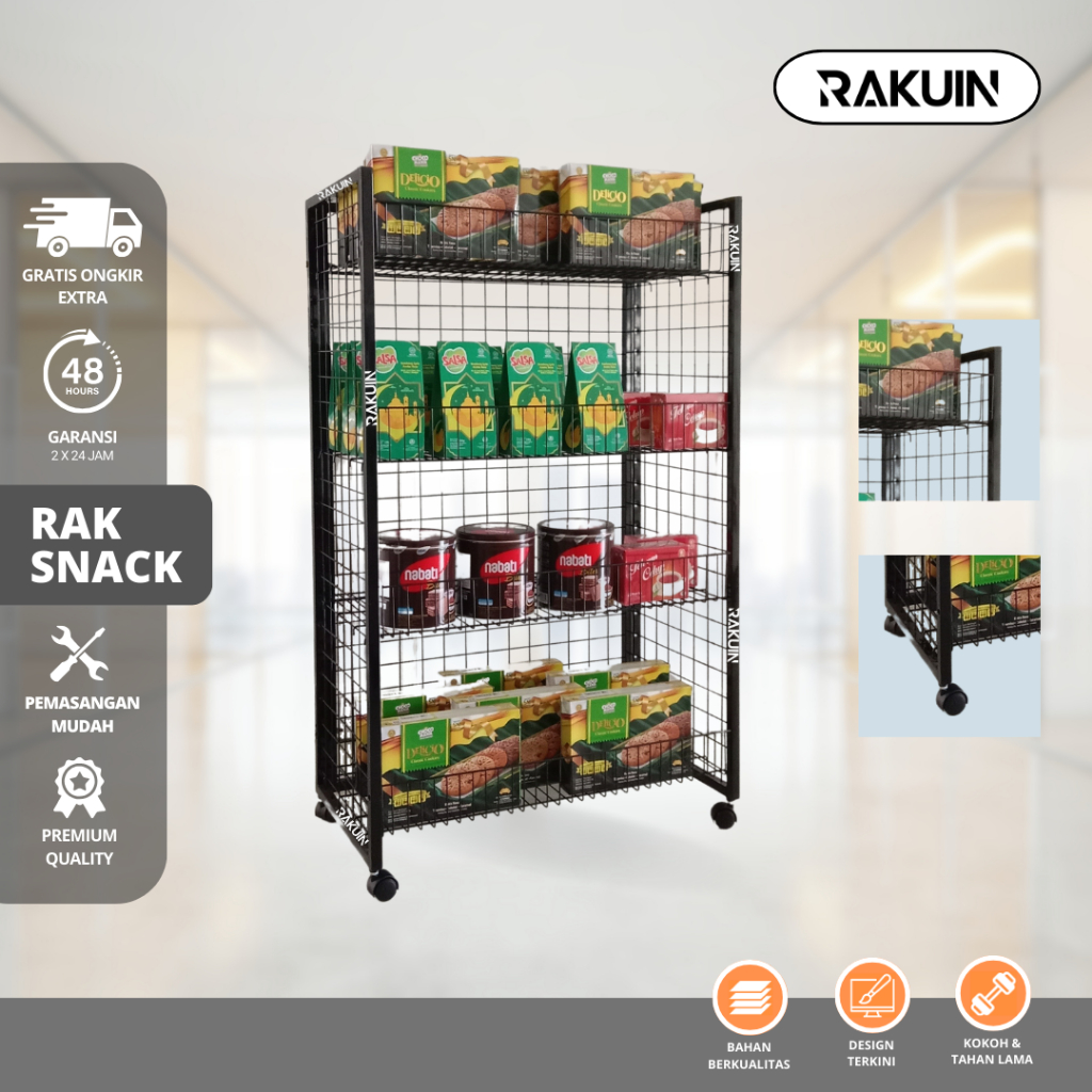 RAK CHIKI - RAK SNACK BESI DENGAN RODA KOKOH / RAK JAJAN DISPLAY/MINI MARKET BONGKAR PASANG - RAKUIN