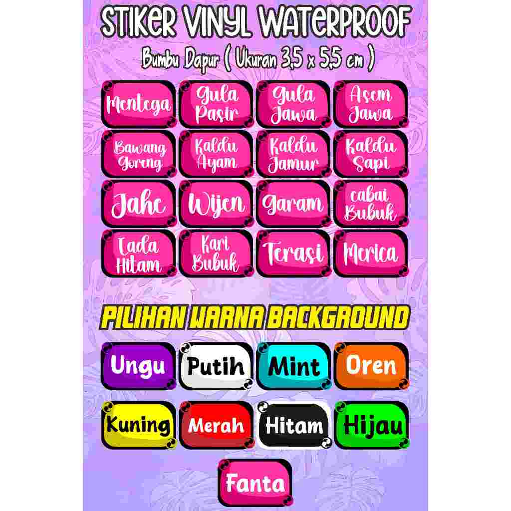 

STIKER VINYL LABEL BUMBU DAPUR BODY CARE ANTI AIR DENGAN FRAME BACKGROUND WARNA BISA CUSTOM SEHARI JADI HARGA MURAH SIZE 3.5 X 5.5CM