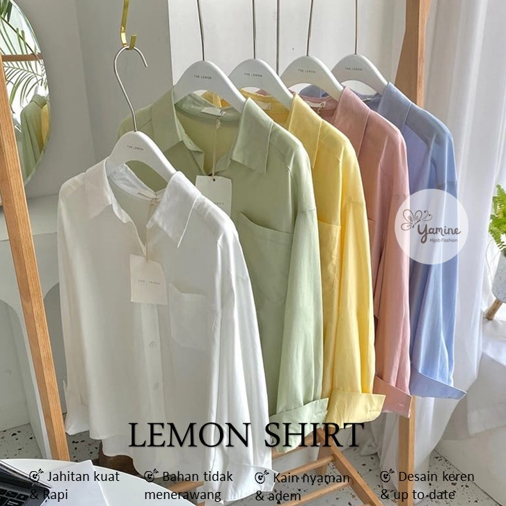 Baju Atasan Kemaja Wanita LEMON SHIRT Formal Bahan Katun Rayon Premium Korean Style Blus Bluse Blose Blous Muslim Kemeja Wanita Remaja Lengan Panjang Motif Polos Untuk Kerja Kuliah Casual Kasual Murah Kekinian Terbaru Warna Putih Kuning Pink Biru Mint