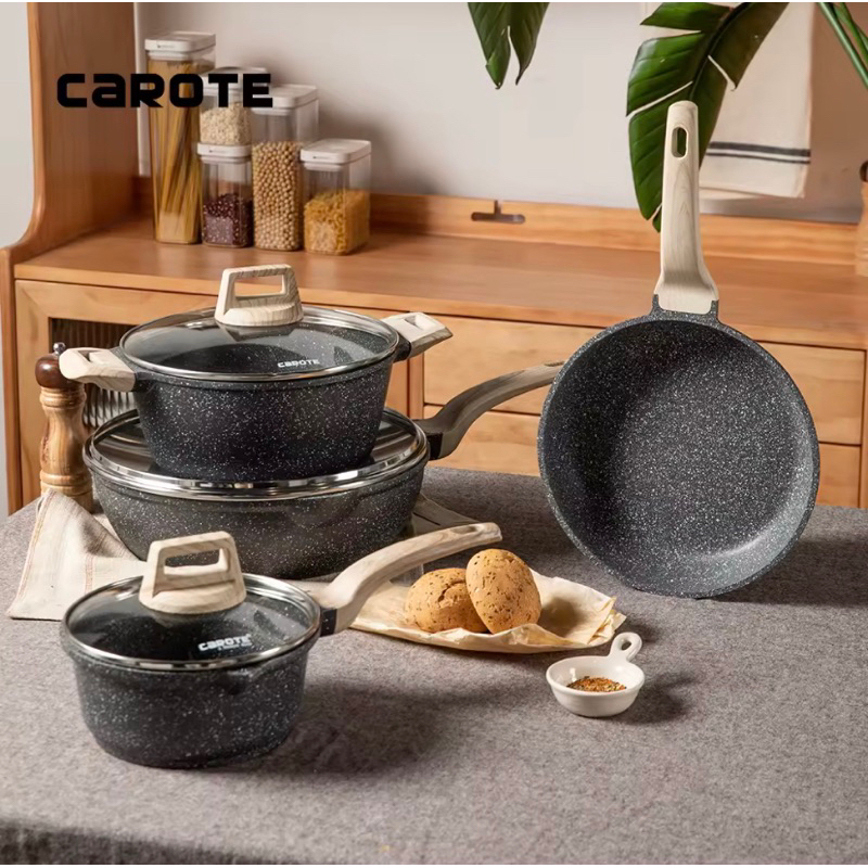 Carote Essential Woody 4 PCS SET (BISA SAMEDAY) Deep Frying Pan 28cm, Frypan 24cm, Sauce pan 18cm Wo