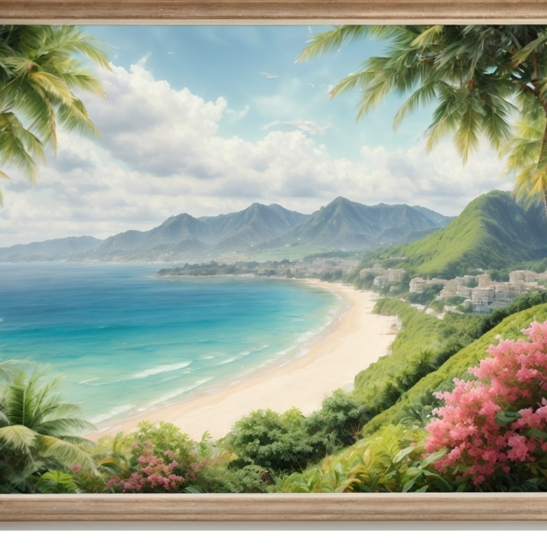 Lukisan Pemandangan Tropis: Pemandangan Laut, Pantai, dan Gunung yang Indah