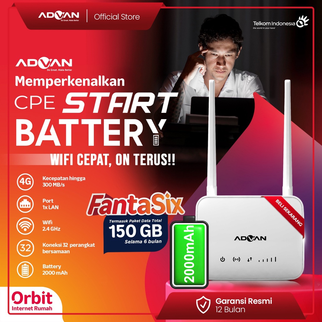 Telkomsel Orbit Fantasix Data 150GB Advan CPE Router Hybrid 4G LTE + WLAN Modem Wifi 300Mbps Baterai