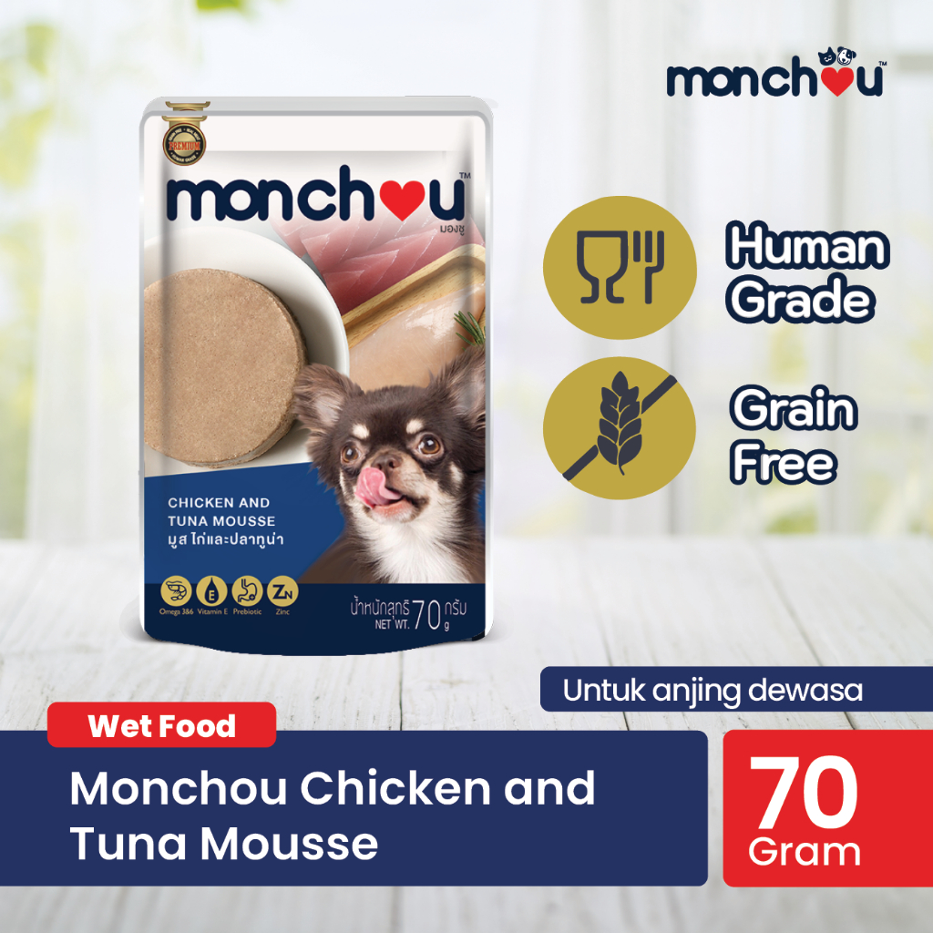 Monchou Makanan Anjing Human Grade Chicken &amp; Tuna Mousse 70gr