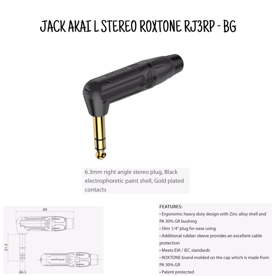 Jack Akai Stereo L Roxtone RJ3RP-NN 6,3 mm