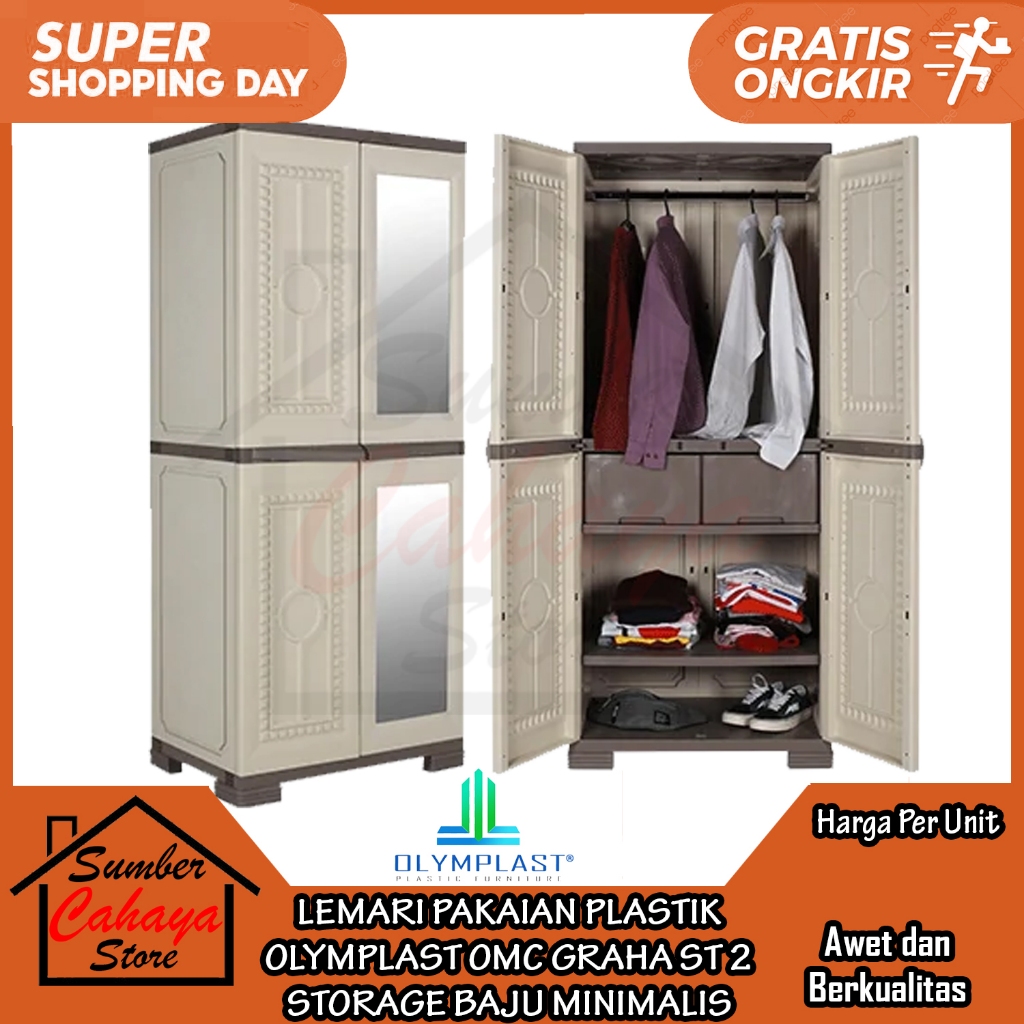 [Kargo] LEMARI PAKAIAN PLASTIK OLYMPLAST OMC GRAHA ST 2 STORAGE CABINET BAJU CERMIN KACA MINIMALIS T