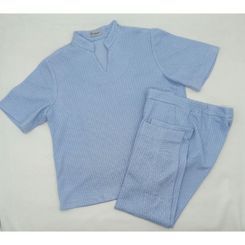 PRELOVED (LIKE NEW) SET PAKAIAN WANITA LENGAN PENDEK DAN CELANA PANJANG WARNA BABY BLUE