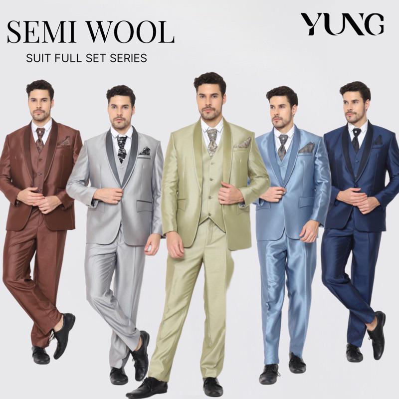 Jas Pria Pengantin Formal Setelan Semi Wool Full Set Blazer + Rompi + Dasi & Cover - YUNG