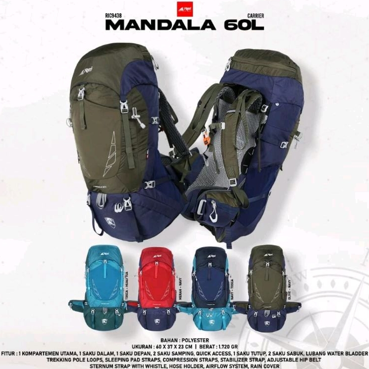 Tas Carrier Rei Mandala 60L+Raincover Original