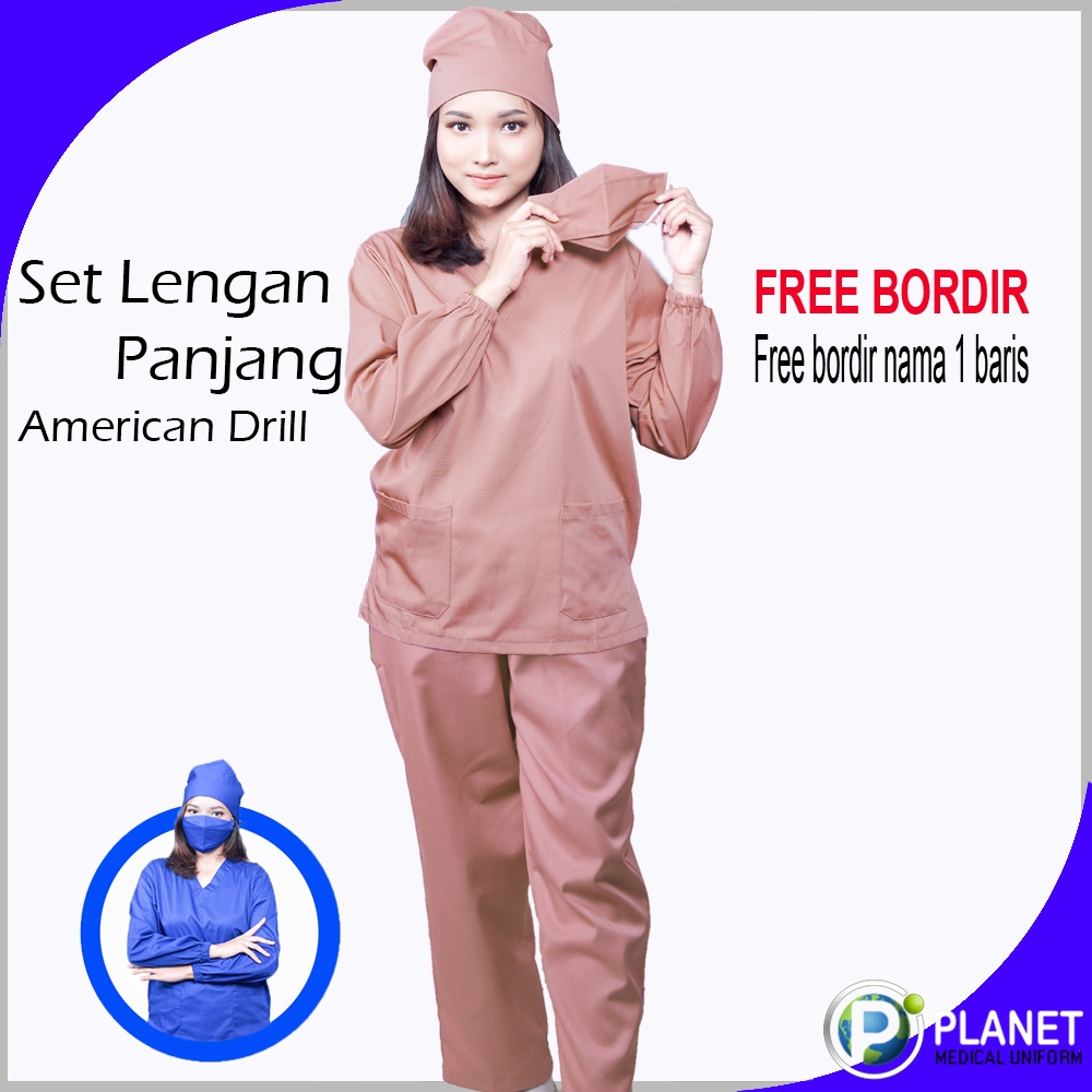 FREE BORDIR Baju OK OKA Lengan Panjang Dokter Petugas medis Perawat Jaga PREMIUM DRILL