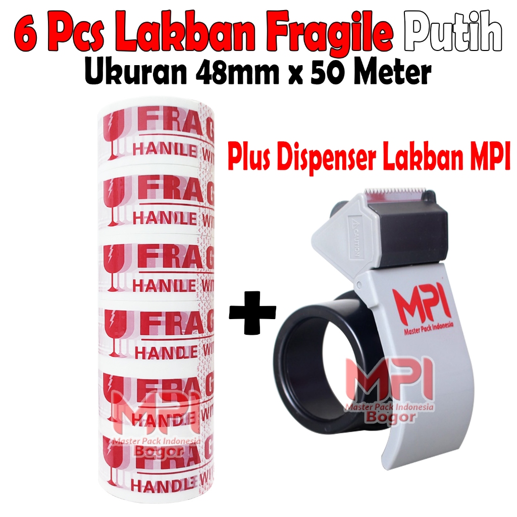 

1 SLOP [ 6 PCS ] - Lakban Fragile Putih MPI 48 mm x 50 yard + Dispenser Lakban MPI