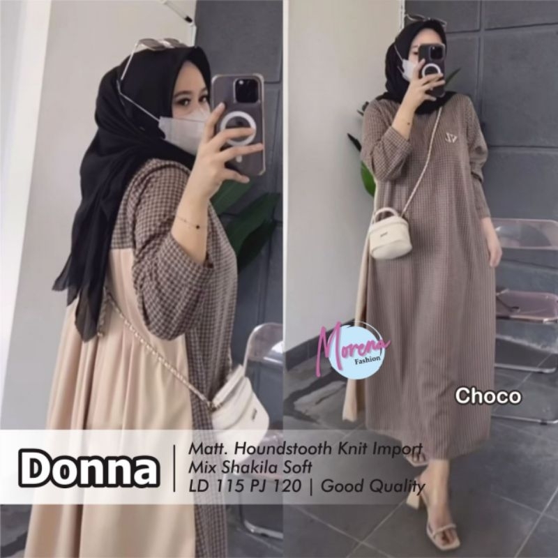 DONNA | ld 115, PJ 120 | houndstooth Knit Import mix Shakilla Soft | by MORENA | Midi dress muslim wanita motif kombinasi polos kotak squre lengan panjang gamis