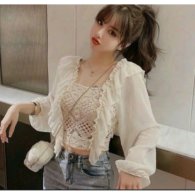 Atasan crop top knit rajut mix sifon renda korean model korea gadis belia remaja cewek cewe wanita o