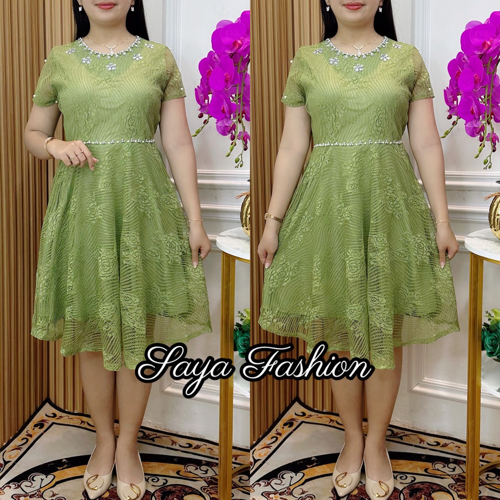 Dress Brukat Motek Hijau Sage Midi Dress Pesta Mewah Kasual 5869